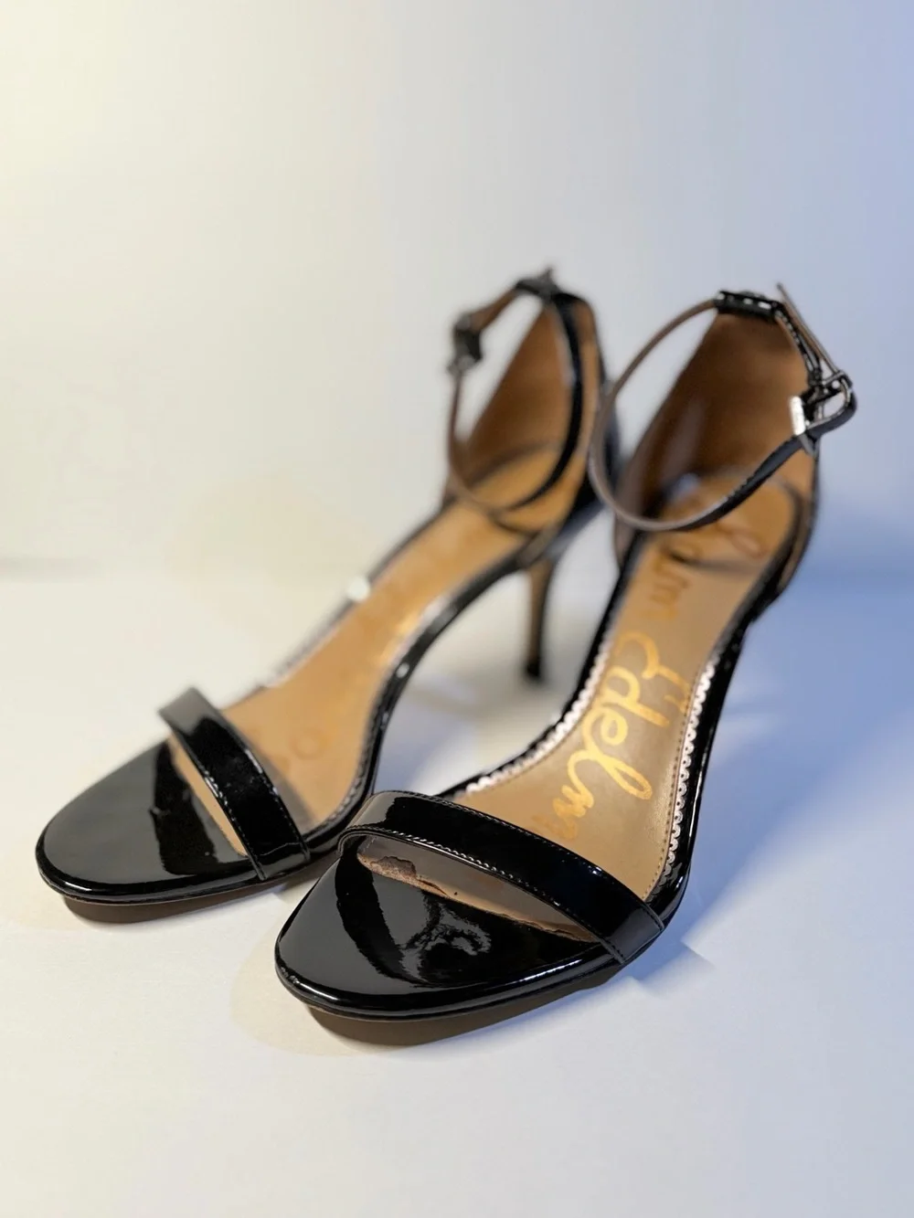 SAM EDELMAN Patti Black Patent Ankle Strap Heels, Gently worn. Size 7.